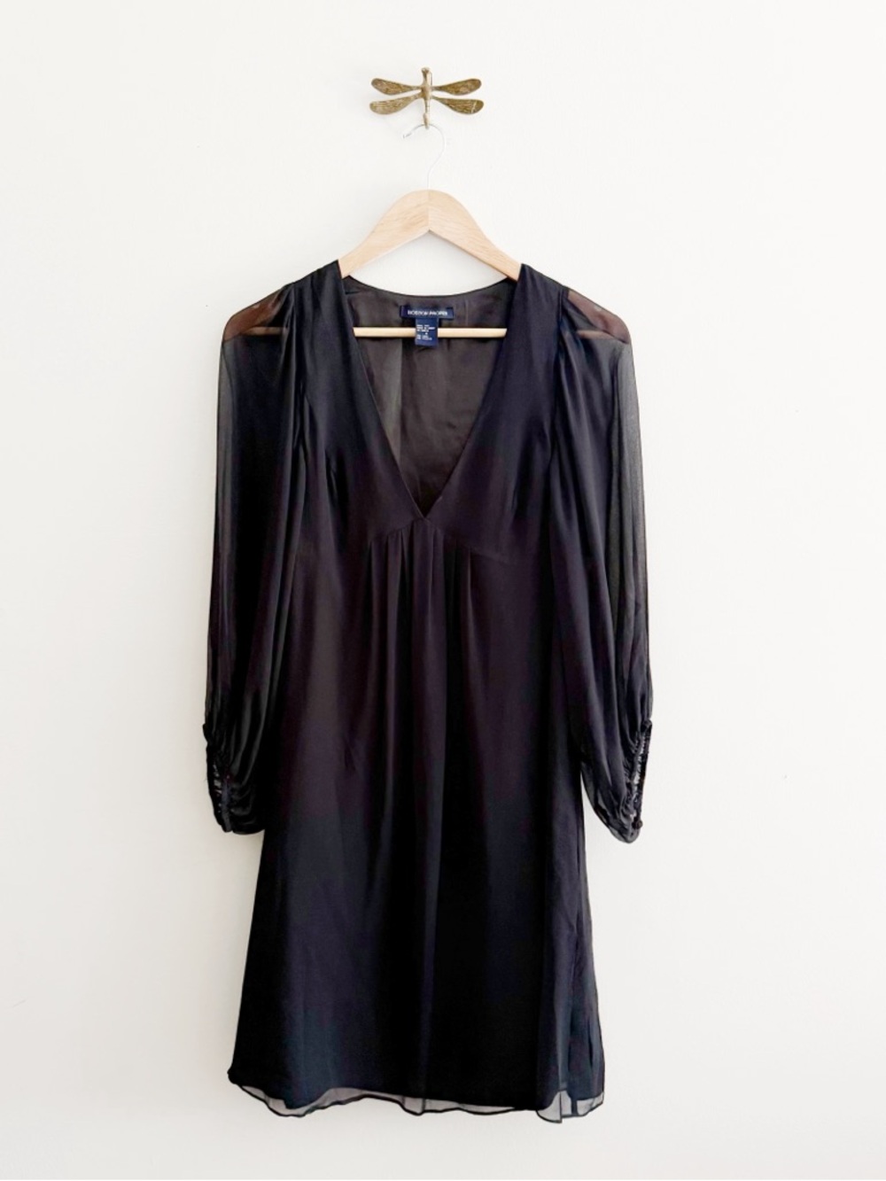 Boston Proper 90s Silk Black Babydoll Dress with Sheer Puff Sleeves size 8